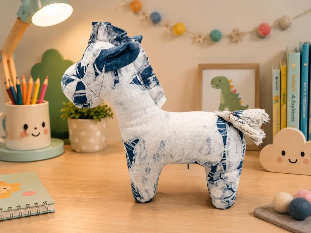 Handmade Horse Plush | Cotton Stuffed Pony | Indigo Textile Art Doll